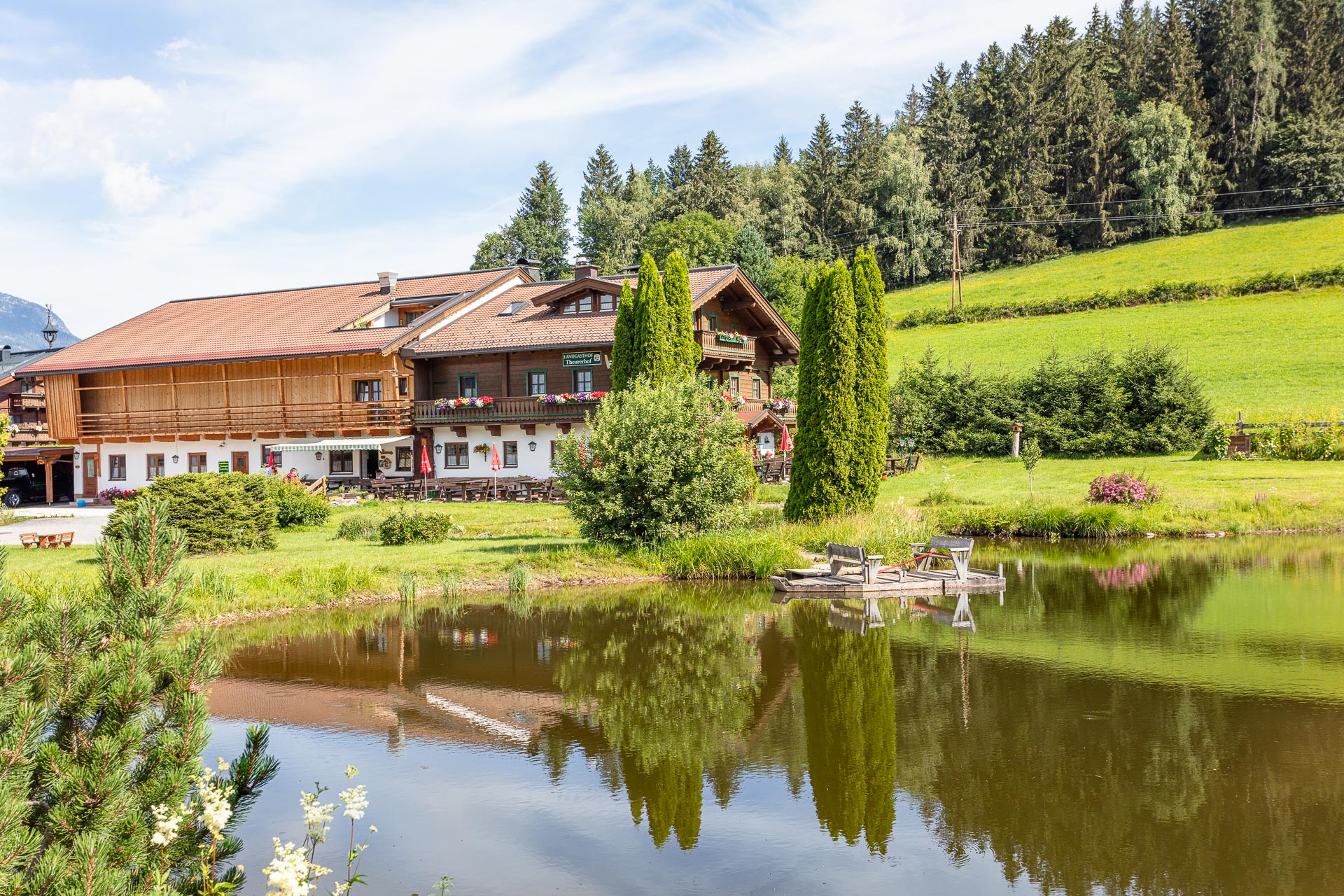 Ansicht Theurerhof im Sommer mit Teich im Vordergrund